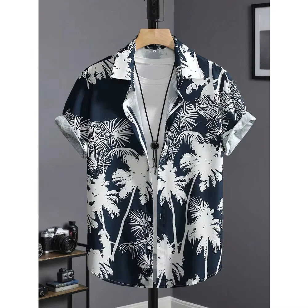 Men's Summer Clothing Men's Hawaiian Button-Down Shirts Leaf-Print Casual Beach-Style T-Shirts Outdoor Clothing Short-Sleeve