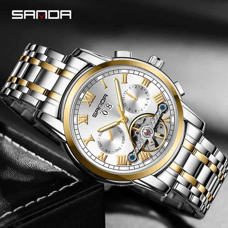 2024 Men\'s Fully Automatic Mechanical Steel Belt Watch New Product Sanda 7006 Fashion Calendar Hollow Men\'s Watch