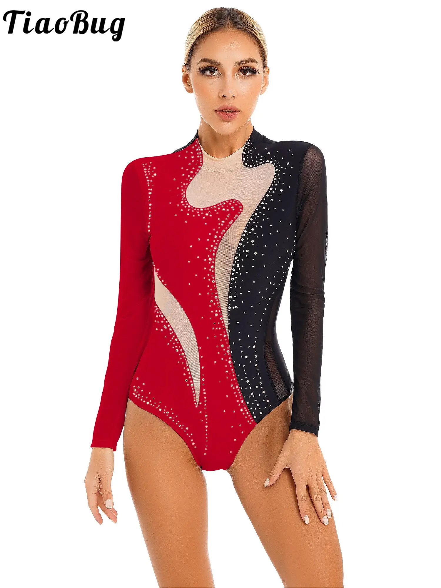 

Tiaobug Womens Long Sleeve Skating Dress Color Patchwork Dance Bodysuits with Sparkling Rhinestones Sheer Mesh for Gym Leotards