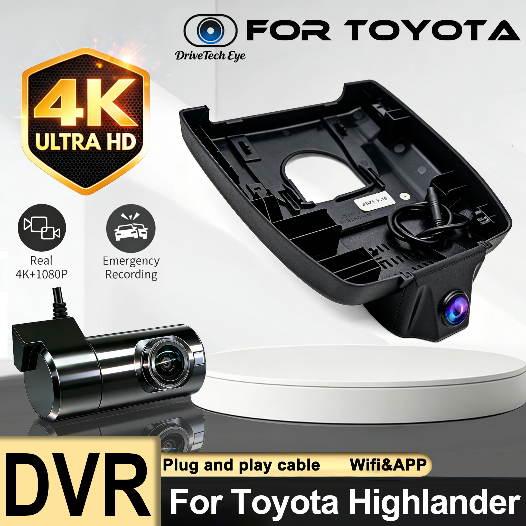 

HD 4K 2160P Hidden Car DVR Video Recorder Dash Cam Camera for Toyota Highlander XLE LE 2017~2021 2022 2023 2024 Night Vision