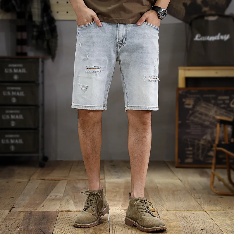 Summer Washed Wear-White Ripped Denim Shorts Men's Versatile Slim Straight American Fashion Brand High-End Casual Cropped Pants