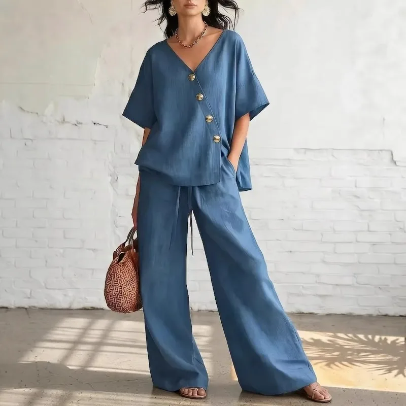 Cross-border Solid Color Diagonal Button V-neck Loose Short-sleeved Top Drawstring Wide-leg Pants Women's Two-piece Set Fashion