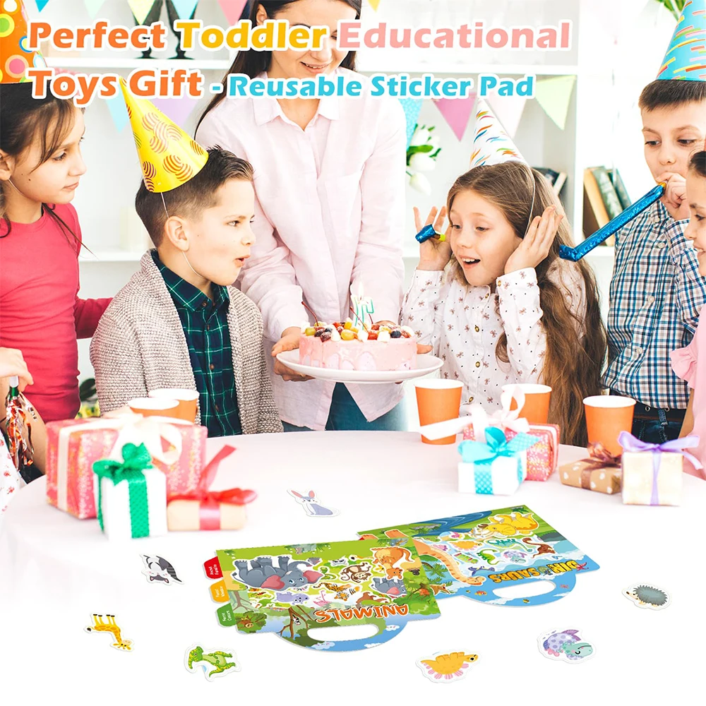 Paquete de 2 libros de pegatinas reutilizables para niños pequeños, pegatinas duraderas sin pegamento para niños, dinosaurios, animales, juguetes de viaje en avión, regalos para coche