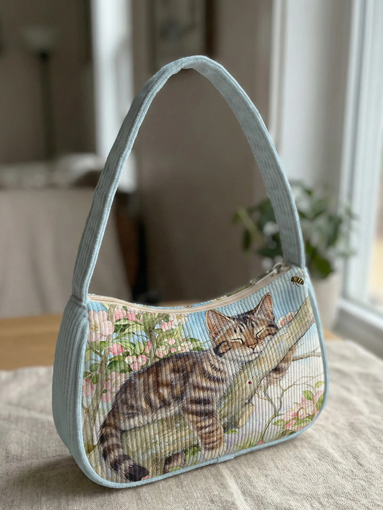 Trendy Watercolor Tabby Cat Print Shoulder Bag, Light Blue Corduroy Underarm Bag for Daily Casual Use