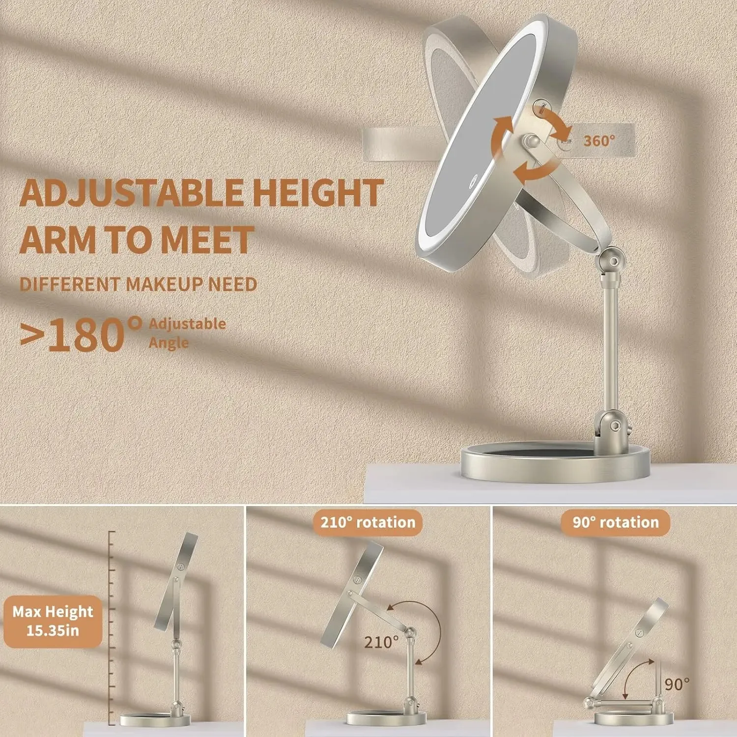 10x vergrotende 9-inch make-upspiegel met licht Dubbelzijdig in hoogte verstelbaar Grote verlichte make-upspiegel LED make-upspiegel