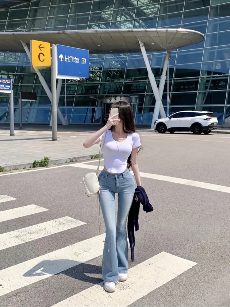 Retro Washed Light Blue Bell Bottom Jeans Spring Autumn Low Waist Spicy Tight Elastic Slimming Versatile Long Pants Women