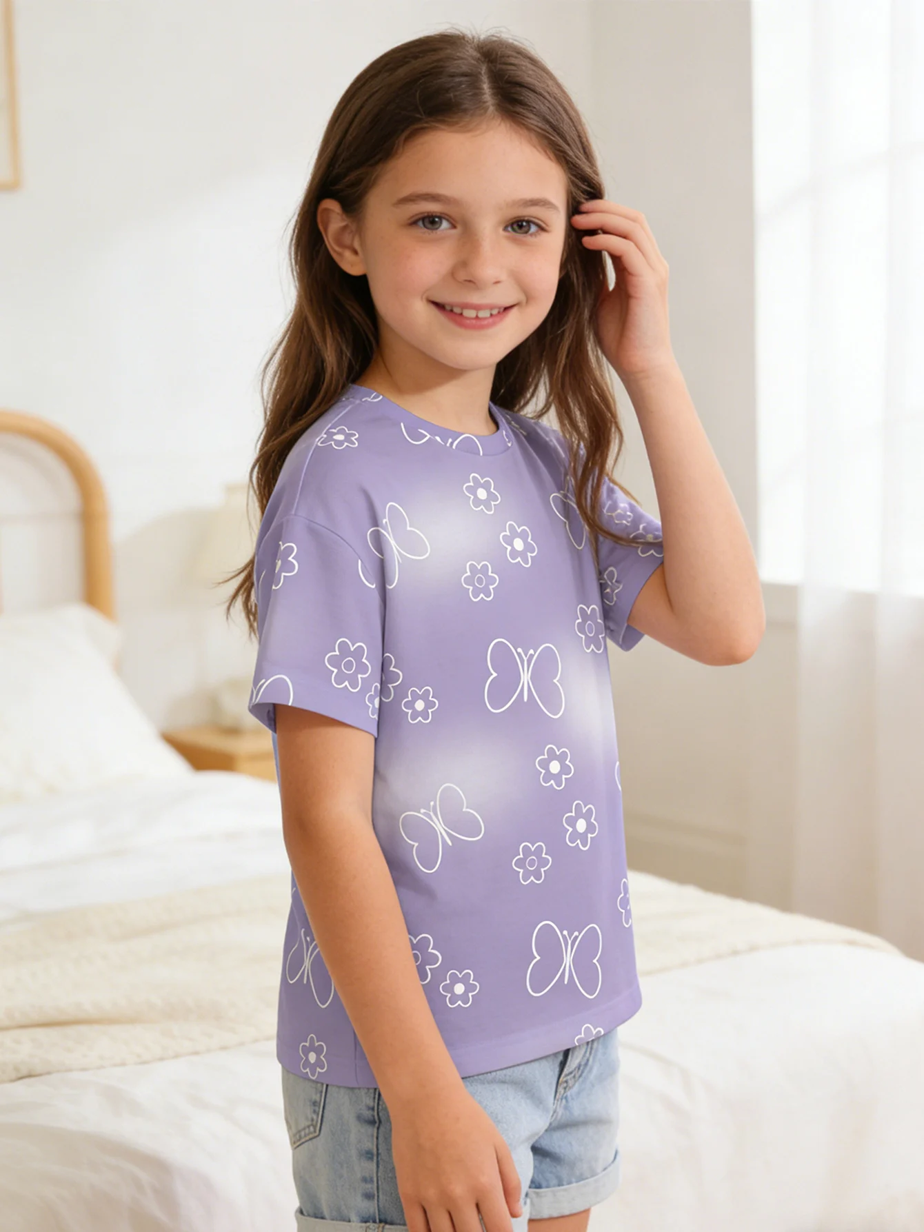 2026 girls lilac gradual change white butterfly flower print short-sleeved T-shirt, casual top summer wear