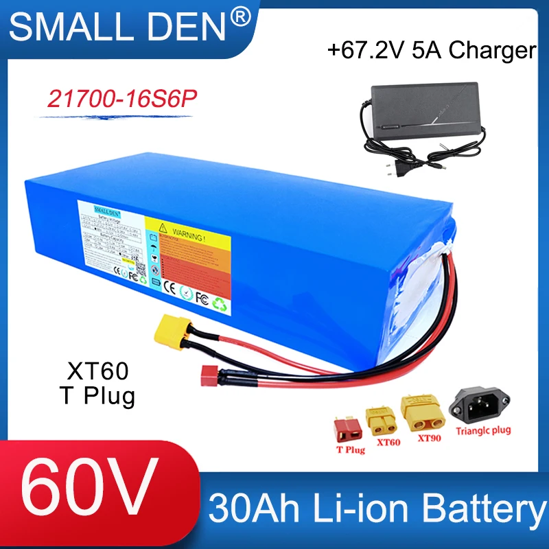 New 60V 30Ah 21700 16S6P Lithium Battery Pack 1000-2500W built-in BMS For E-vehicle Scooter Motorcycle Tricycle+67.2V 5A Charger