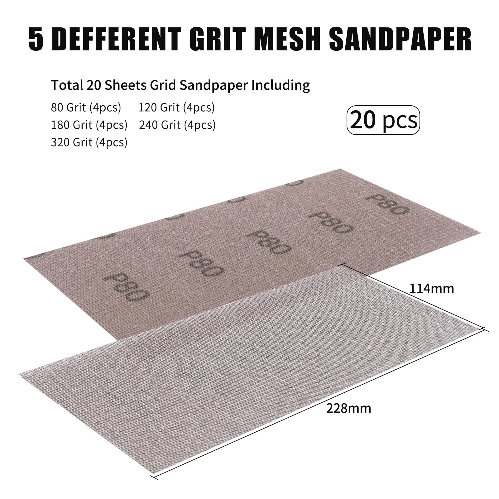 20 Pack Dust Free Hook and Loop Sanding Disc Grit Assortment Mesh 80-320# Sanding Screen Sheets for Auto Wood Drywall Metal