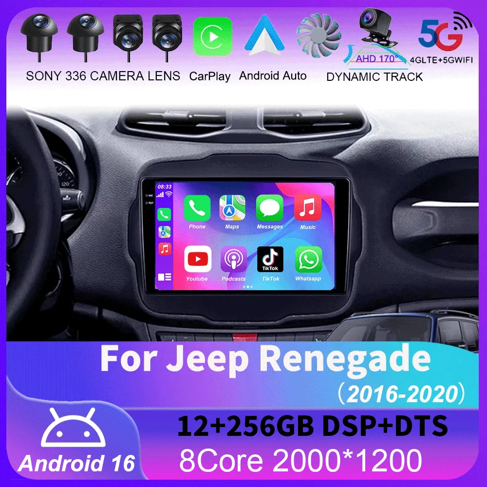 

Android 16 Multimedia Player For Jeep Renegade 2016-2020 Carplay Android Auto Car Radio Stereo 4G Wifi 360 camera head unit DVD
