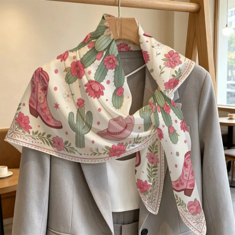 Cute Pink Cactus Cowboy Chic Women Border Print Square Scarf, Stylish Multi-use Accessory Gift