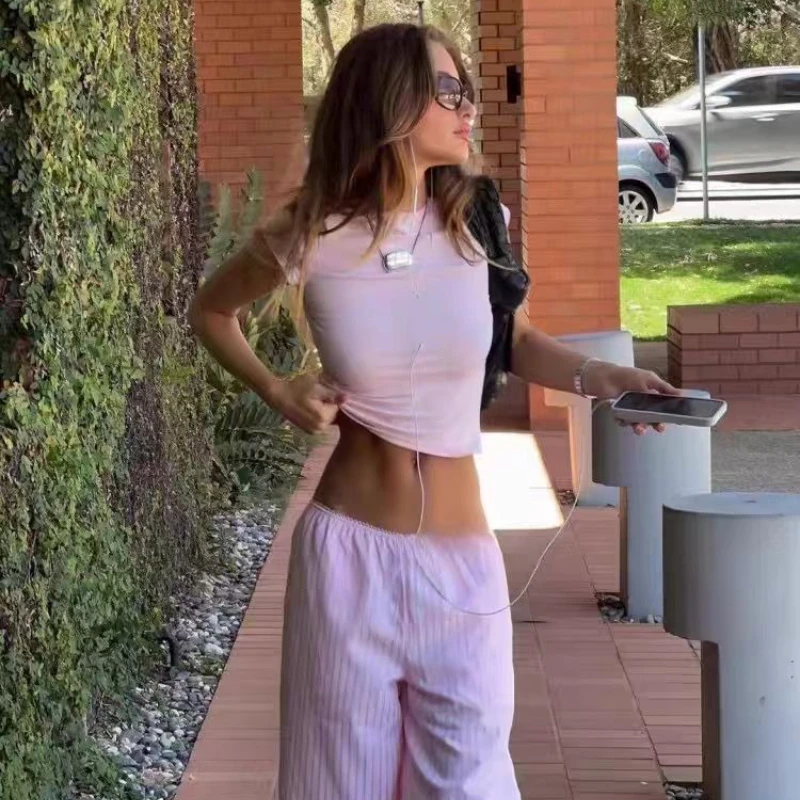 

Lioness 2025 г., модный повседневный простой полосатый тонкий топ с короткими рукавами Spice Girl, свободный комплект длинных брюк в розовую полоску