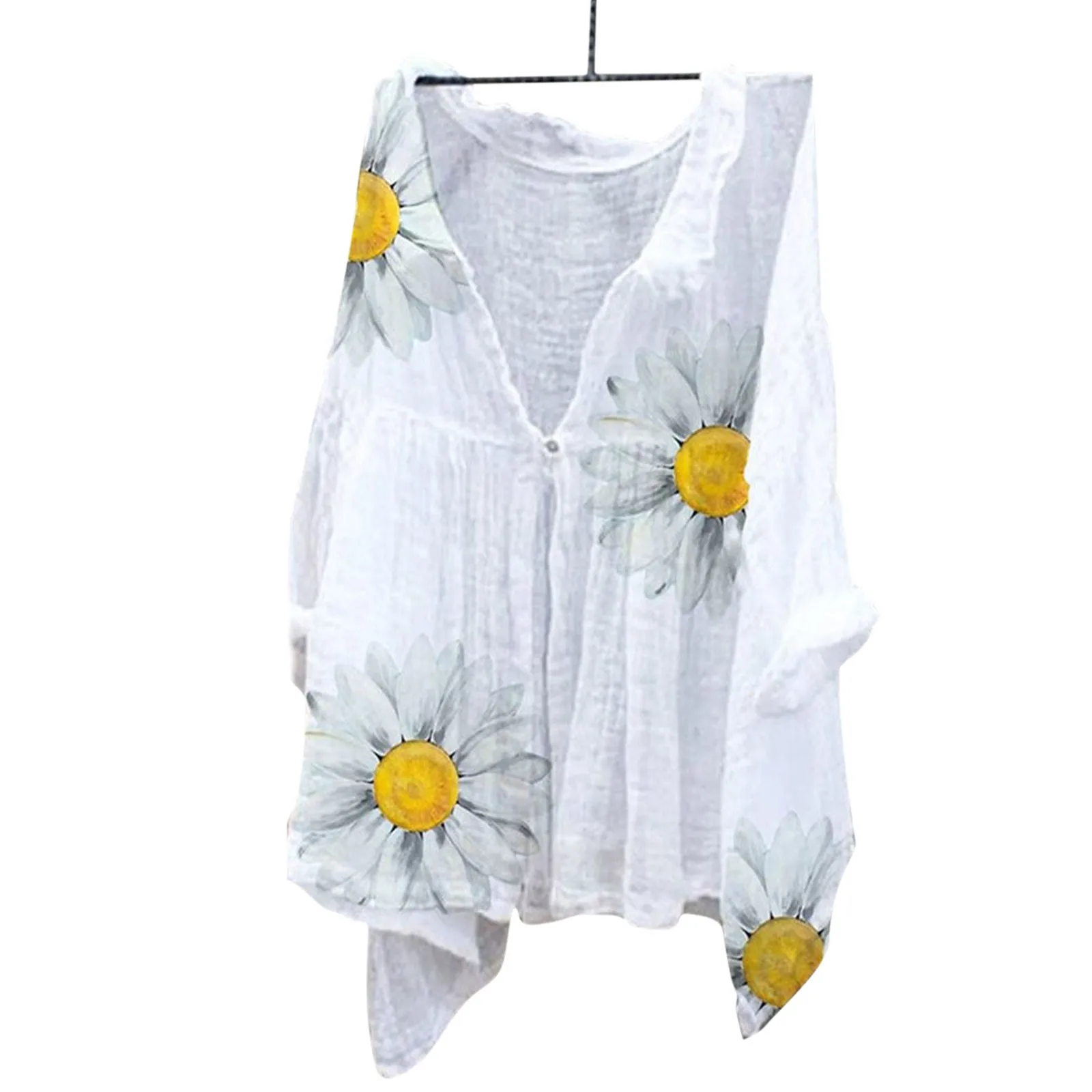 Women's Cotton And Linen Sunflower Print One Button Blouse Women's Long Sleeve Tunics