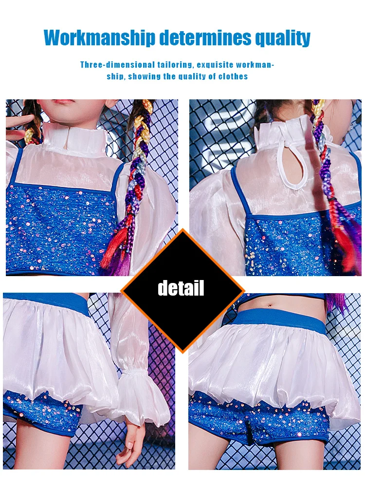 ZZL Urban Dance Children Clothes Fashion K-pop Stage Outfits 2 Pcs Sequin Blue and White Costume Jazz Dance Catwalk Performance