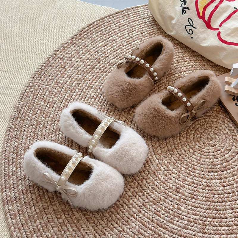 

Girls Beaded Strap Plush Lining Casual Shoes 2025 New Winter Kids Princess Flats with Bow Detail Soft Sole Outdoor Daily Wear