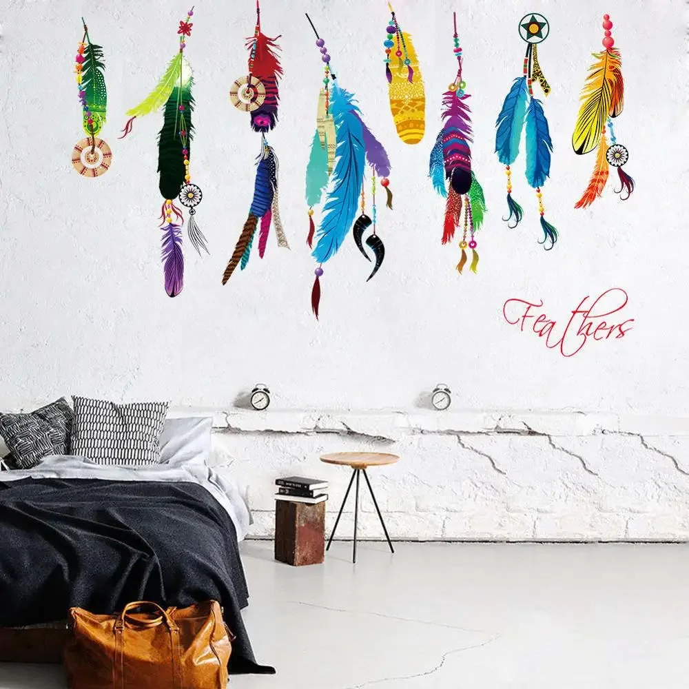 1PC Creative Colorful Feather Wall Sticker for Bedroom Dining Room Living Room Wall Decals Home Decor Beatiful Art Mural 50*70cm