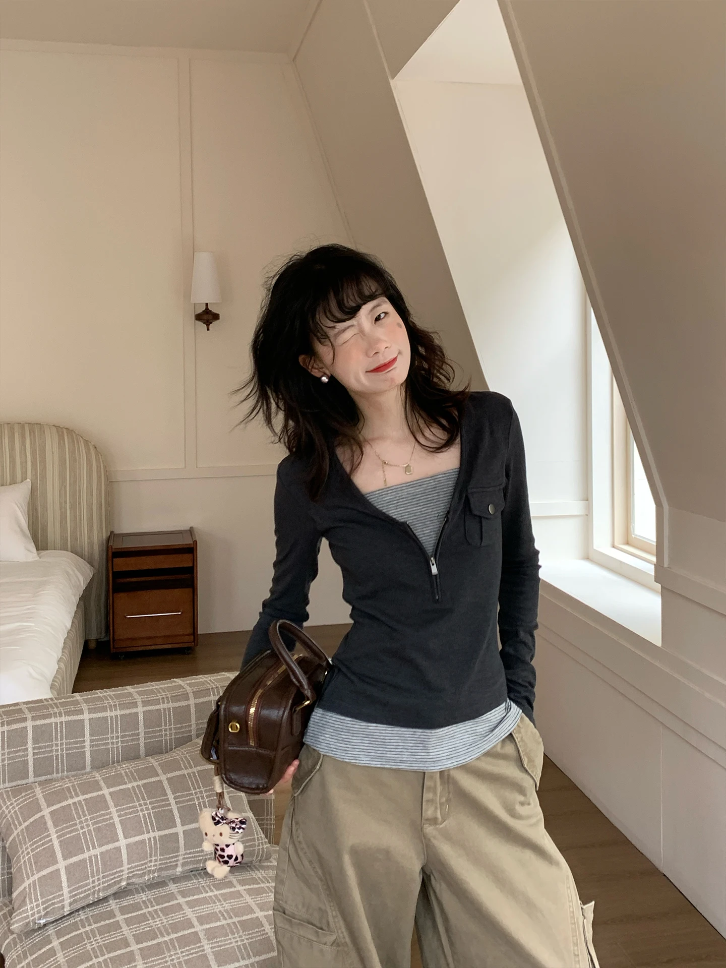 

FAN Long Sve Striped Patchwork Slim Fit Women's T-irt Korean Sle oulder Length Fake Two-Piece Versatile Top