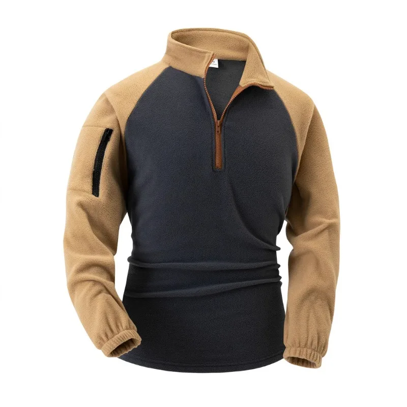 

New Men's Street Hip-Hop Long Sleeve Stand Collar Zipper Colorblock Polo Shirt