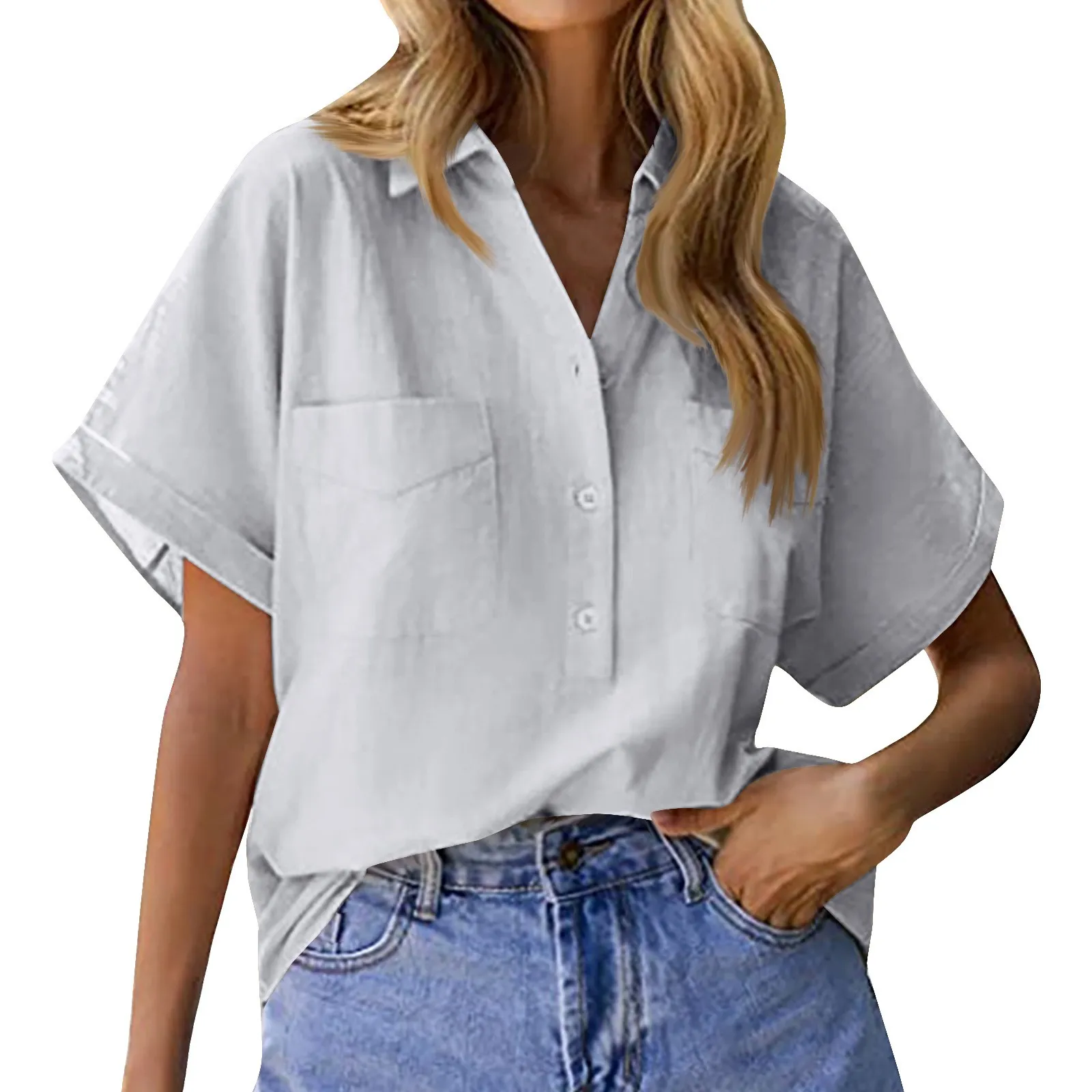 Women New Cotton And Linen Shirt Short-Sleeved Solid Color Double Pocket Pullover Shirts Loose Simple shirts & blouses camisas
