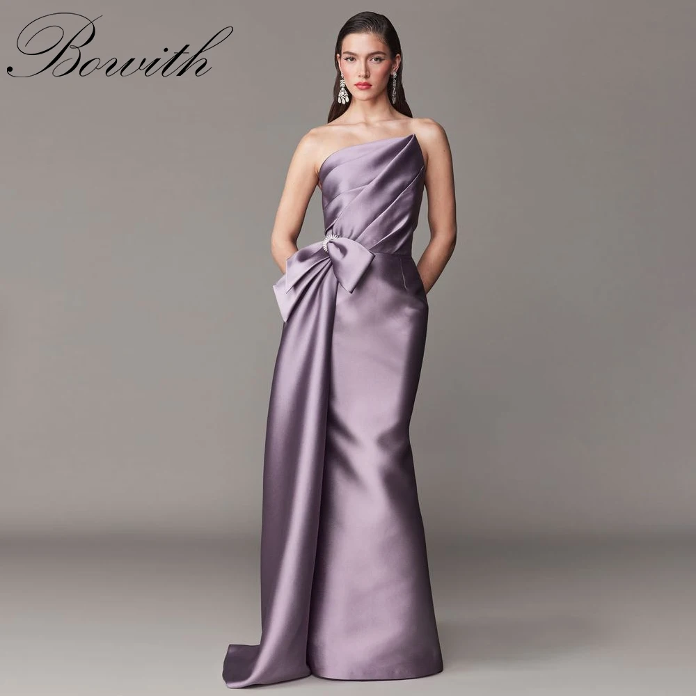 

Bowith Grape Strapless Satin Evening Dresses Customized Bow Women Floor-Length Party Dresses for Formal Occasion