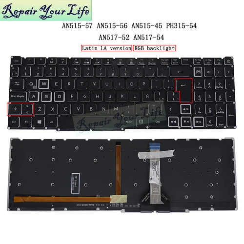 Imagen 2 del producto Teclado retroiluminado español latino LA para Acer Nitro 5 AN515-55 AN515-57 59F7 73X5 AN515-56 AN515-45 portátil para juegos RGB LG5P-A52BWL