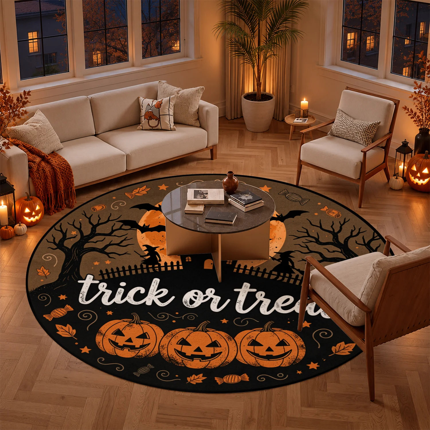 Halloween Pumpkin Bat Haunted House Round Velvet Doormat, Machine Washable Soft Rug for Front Door, Entryway, Living Room, Kitchen, Ideal for Halloween, Thanksgiving, Christmas, New Year Decor, Perfect for Black Friday, Cyber Monday Seasonal Use