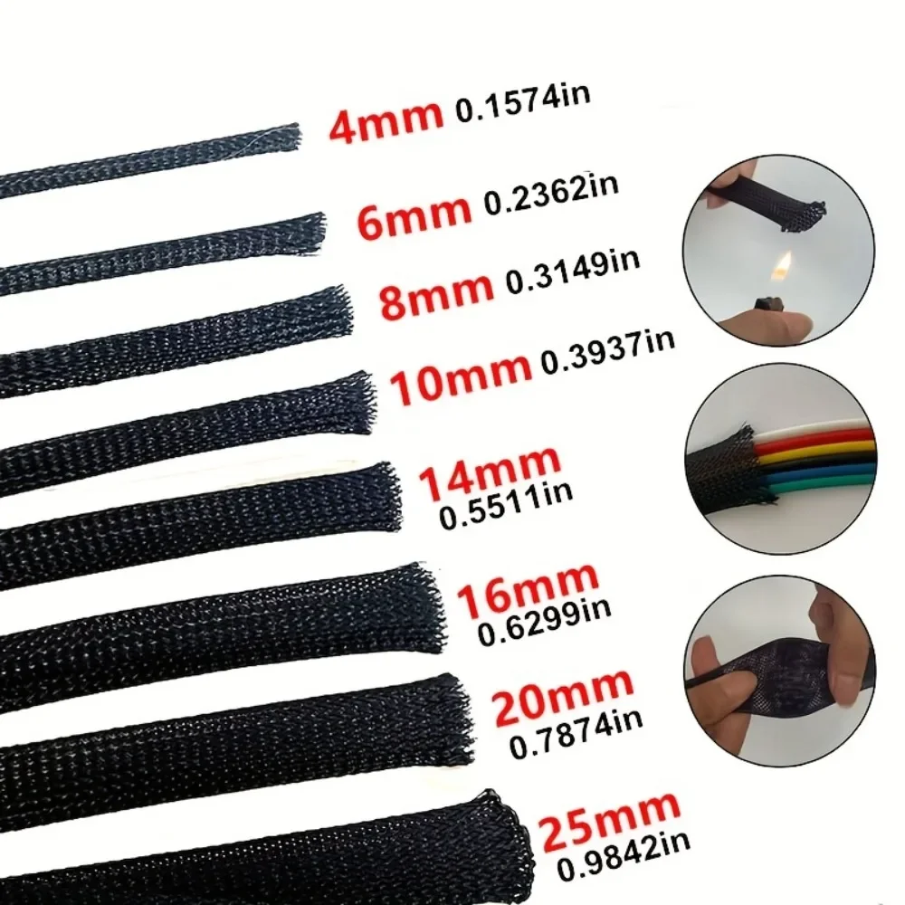 10-meter-long Black Insulated Braided Sleeve, PET Wire and Cable Protection, Extendable Cable Conduit, Wire Sealing Sleeve