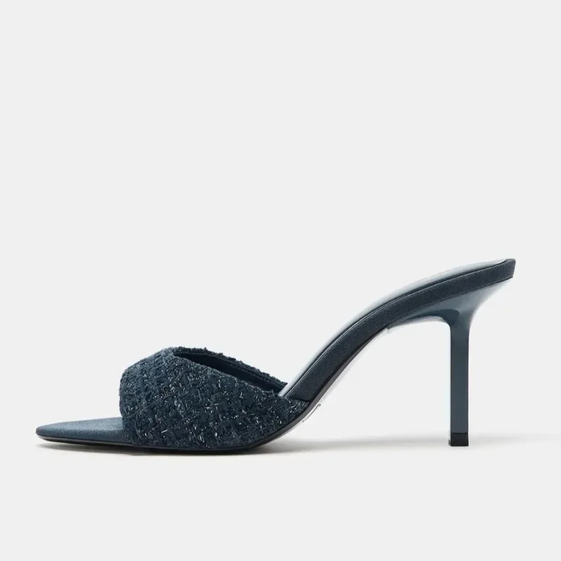 おしゃれなコットン生地デザインのエレガントなヒール付きスリッパ、女性用セクシーなバックレススライドサンダル、高級デザイナーシューズ、レディース用ヒール