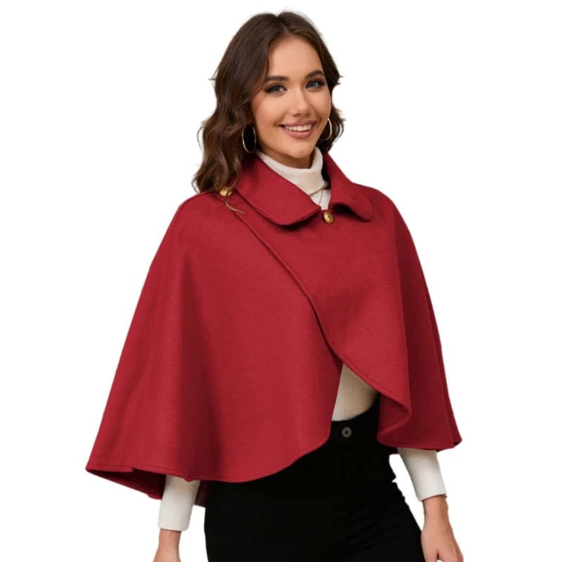 Women's Fall Winter Lapel Collar Faux Wool Ponchos Capes Coat Warm Soft Crosses Front Shawls Sweater Wrap Short Cloak