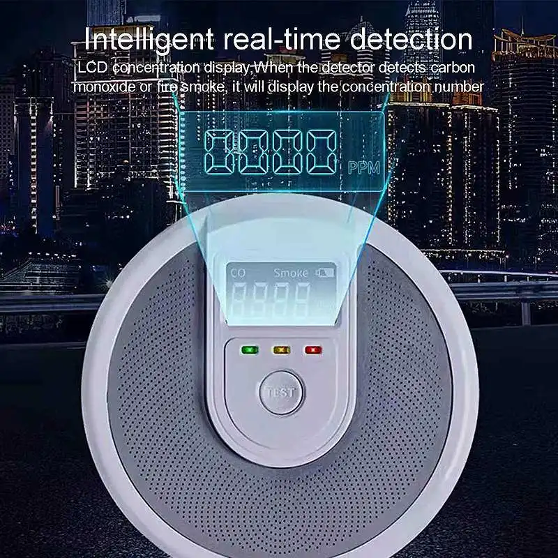 Fumo Composto e Monóxido De Carbono Detector De Vazamento, Display LCD, Alarme De Luz Sonora, Funções, Prevenção De Incêndio Interior