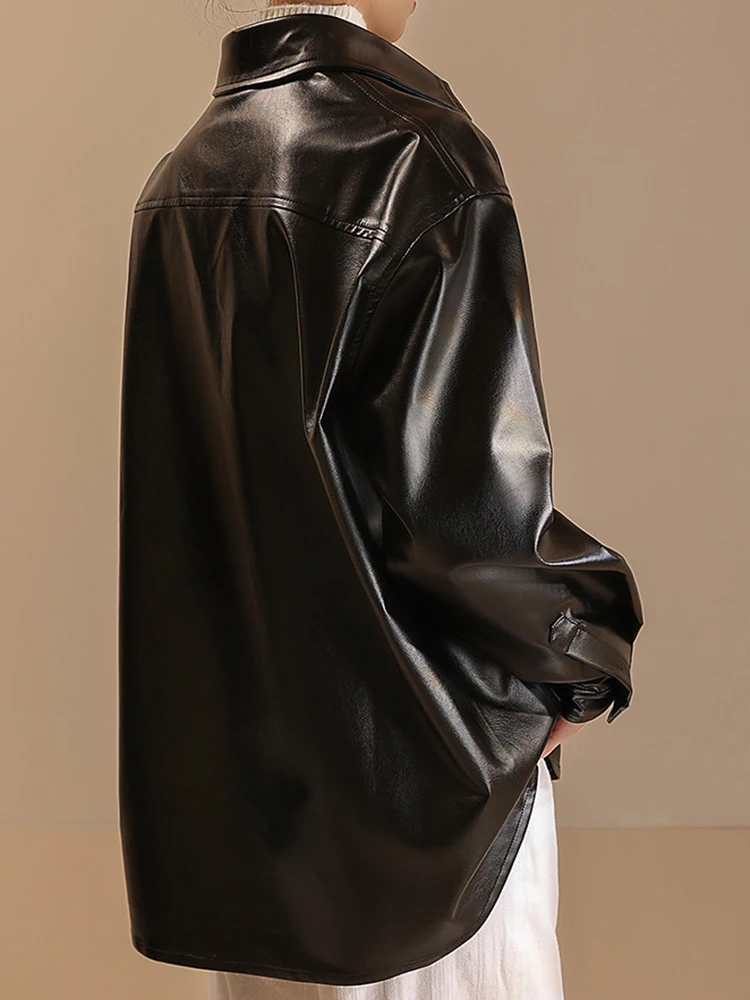 YERMORA Black Pu Leather Button Big Size Blouse For Women Lapel Long Sleeve Loose New Shirt Coat Fashion Tide Spring Autumn 2025