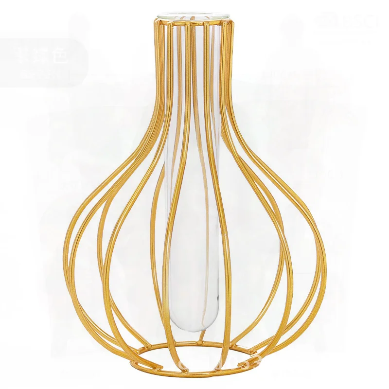 Creative Wrought Iron Glass Test Tube Hydroponic Vase Black Gold Office Desktop Decoration Advanced Sense Living Room Ornament