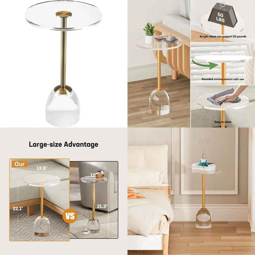 

Modern Clear Acrylic Round Side Table with Brass Metal Support Rod for Contemporary Drink and Nightstand Use