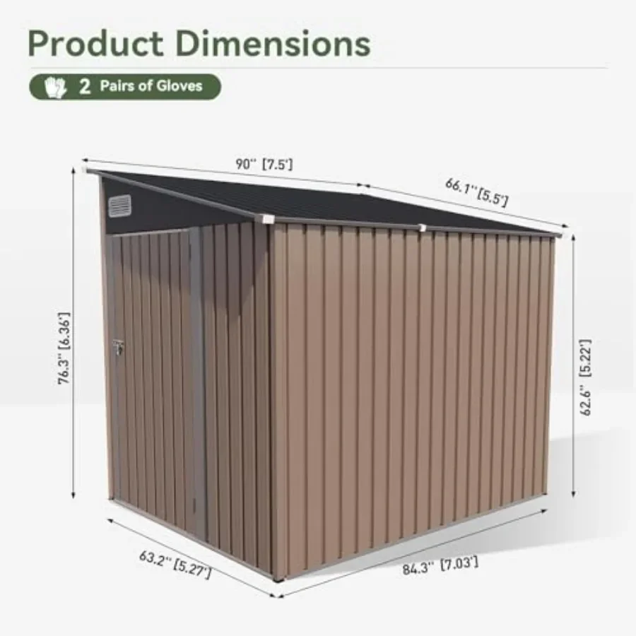 7x5 Feet Lean to Shed Garden, Metal Storage Shed for outdoor use, galvanized steel material, gray color, rust-resistant and dur