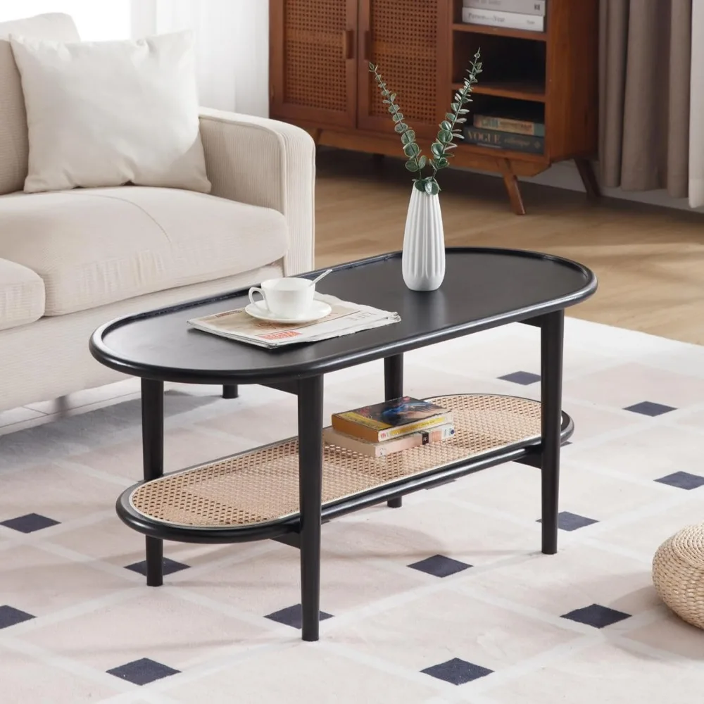 

Black Rattan Coffee Table, 39.5" Oval Center Table with Storage Shelf, Modern 2-Tier Wood Side Table for Bedroom Small Space