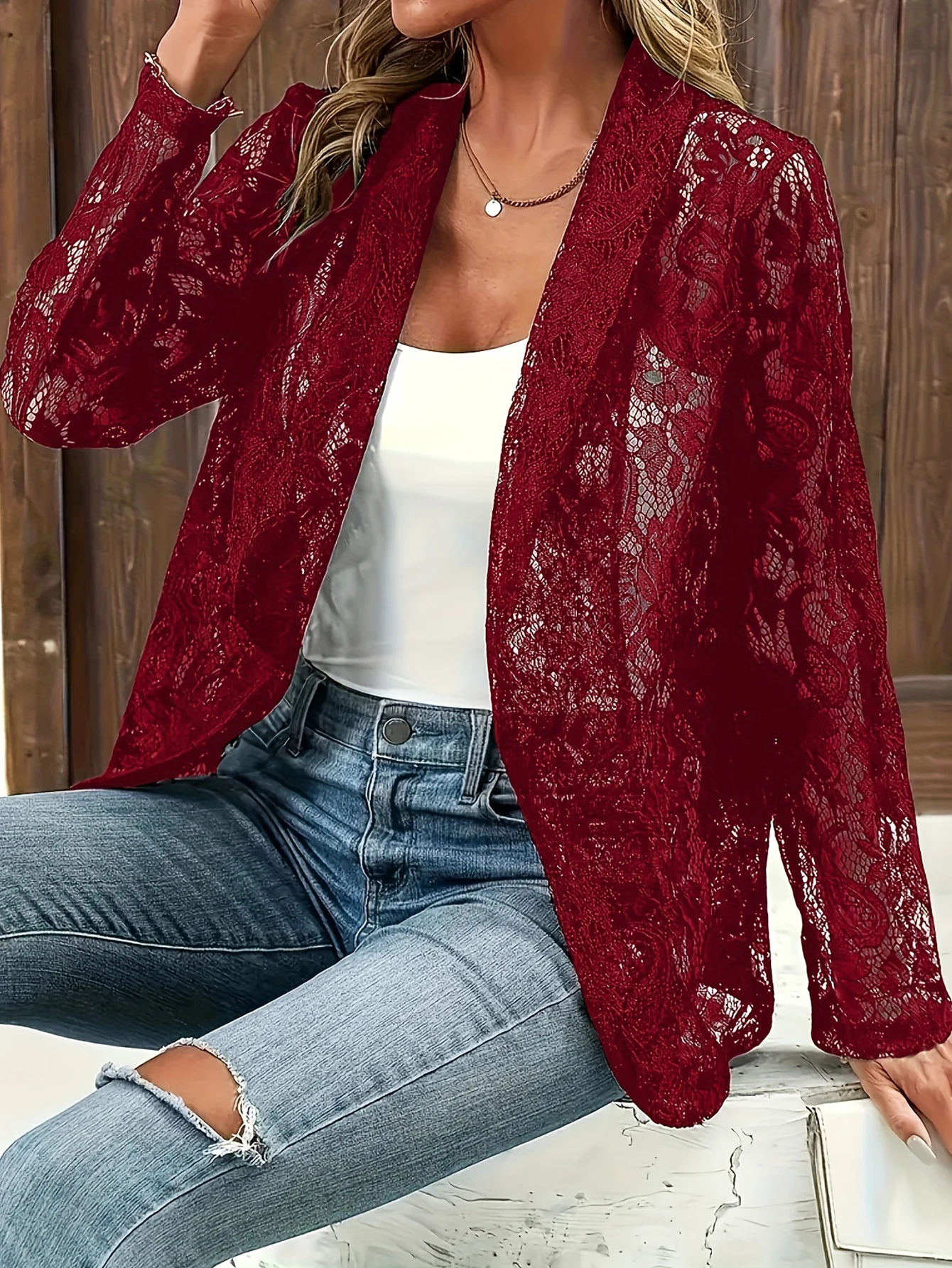 Women's Elegant Plain Long Sleeve Lapel Blazer Autumn Basic Office Lady Top Lace Detail Daily Wear