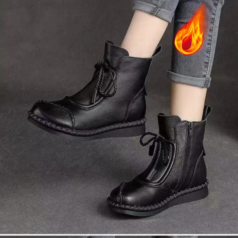 Stivaletti piatti vintage da donna per l'autunno/inverno - Stivali comodi in morbida pelle, stivali caldi foderati in peluche con cerniera laterale con lacci