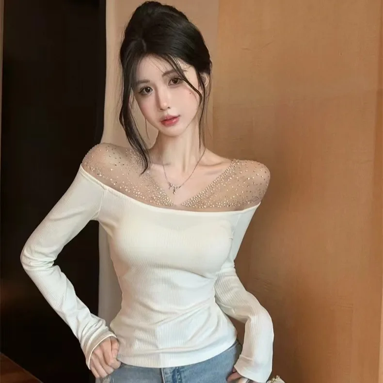 

Diamond Embellied One-oulder Long Sve Slim Fit Women's Base irt Spring Autumn New Sle Exposing oulder Top Korean...