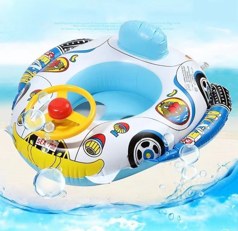 Float Car Swim Accessories Inflatable Children Swim Ring Baby Circle Cartoon Floating Rubber Sound Steering Wheel Seat 2023 New