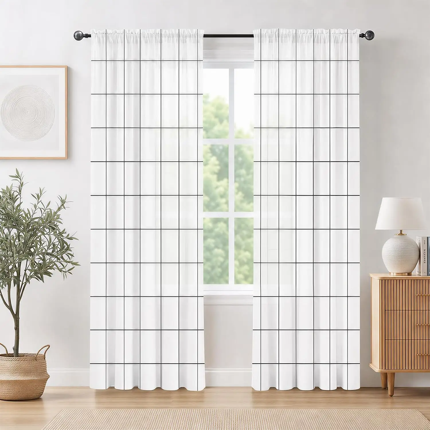 Simple Grid Lattice Theme Curtain 2 Panels Even Thin Black Line White Base Elegant Fresh Modern Living Room Home Curtains