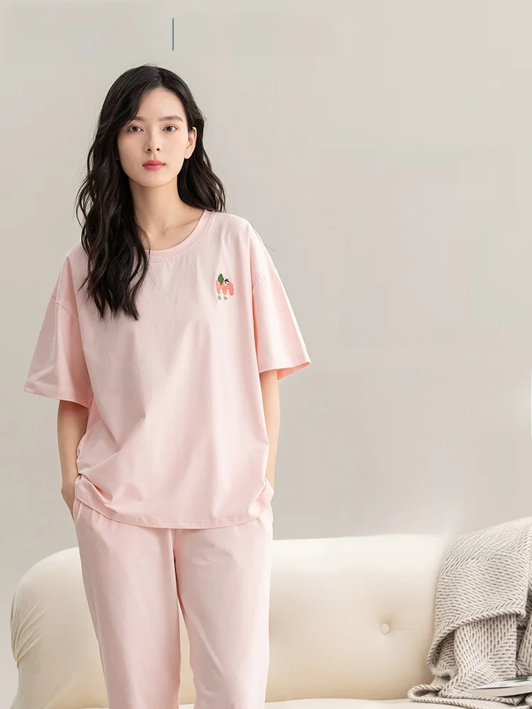Plandoo Pure Cotton Sleepwear Casual Home Clothes Set for Women Short Sleeve Long Pants Comfortable Breathable Autumn Wear