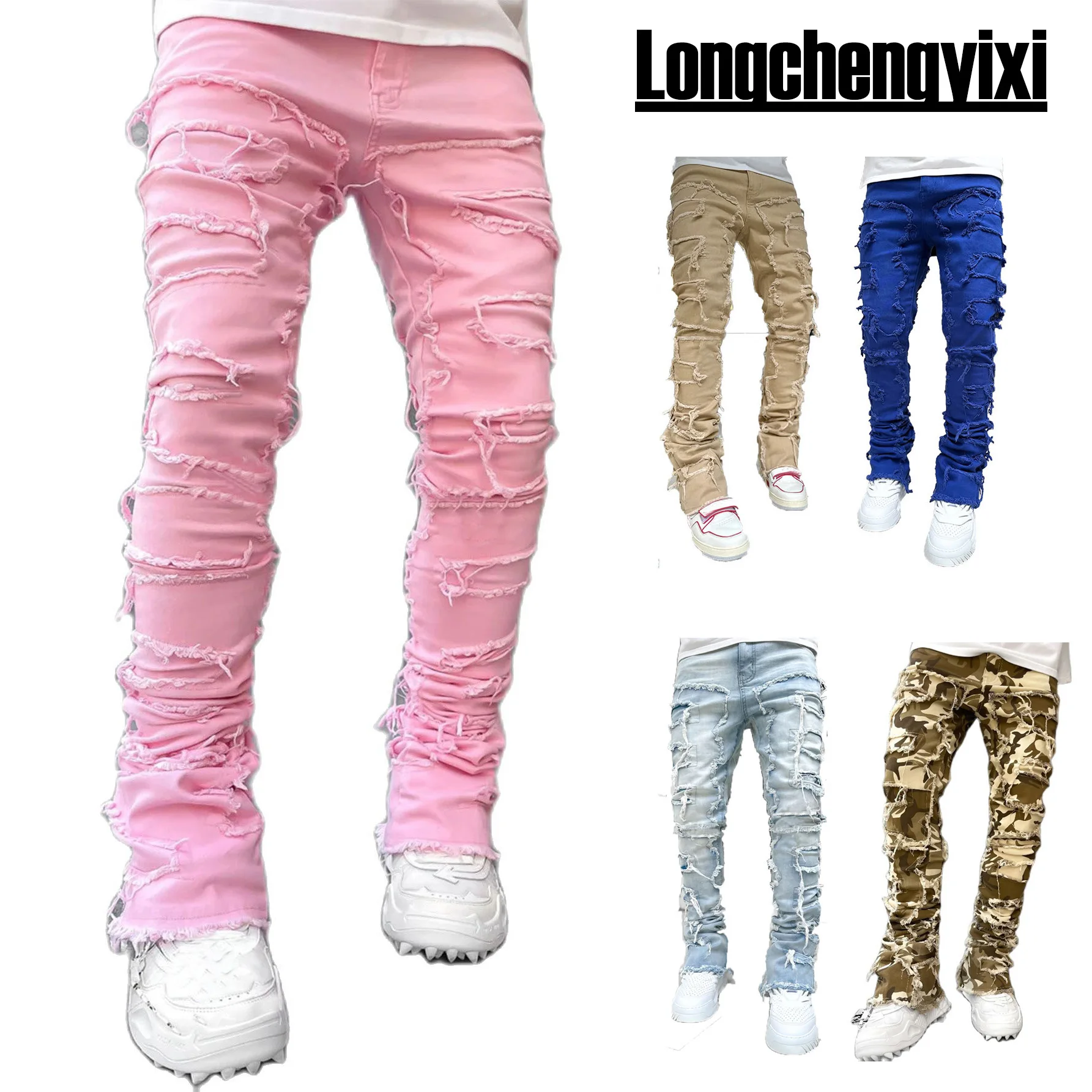 Jeans empilhados de ajuste regular masculino, Patch Slim Fit rasgado, Calça jeans reta destruída afligida, Hip Hop Streetwear calça pano