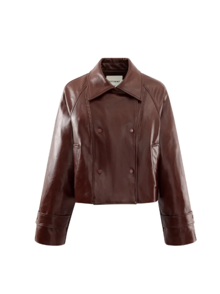 Vintage PU Leather Jacket Women Double Breasted Lapel Moto Coat Loose Hong Kong Style Outerwear Chic Biker Fashion Fall Outfit