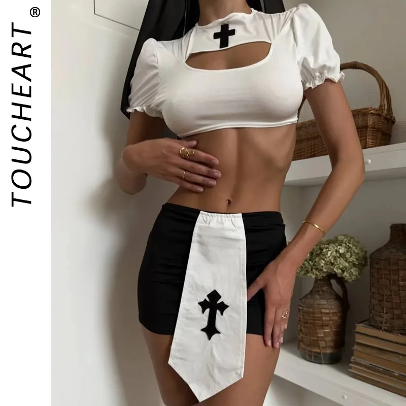 

Toucheart Women Cosplay Sexy Nun's Clothing Uniform Set Slim High Waisted Plunge Hollow Out Patchwork Interesting Nun's Clothing