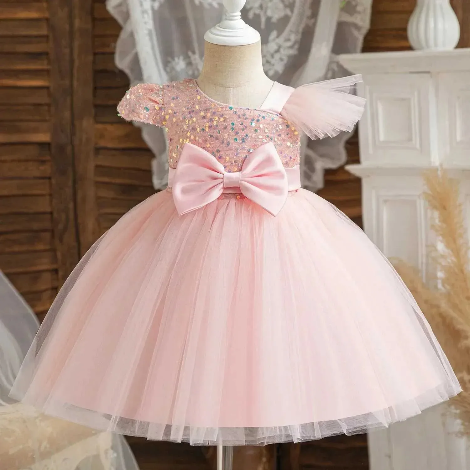 Vestidos de princesa de flores para niña, vestidos de boda con lazo y lentejuelas hasta la rodilla, fiesta de cumpleaños para niña, vestidos de primera comunión