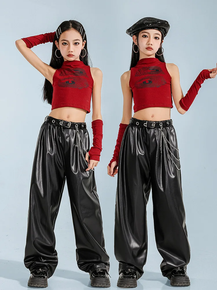 

Children Modern Jazz Performance Stage Costumes For Girls Red Vest Black Leather Pants Outfits Hip Hop Dance Clothing