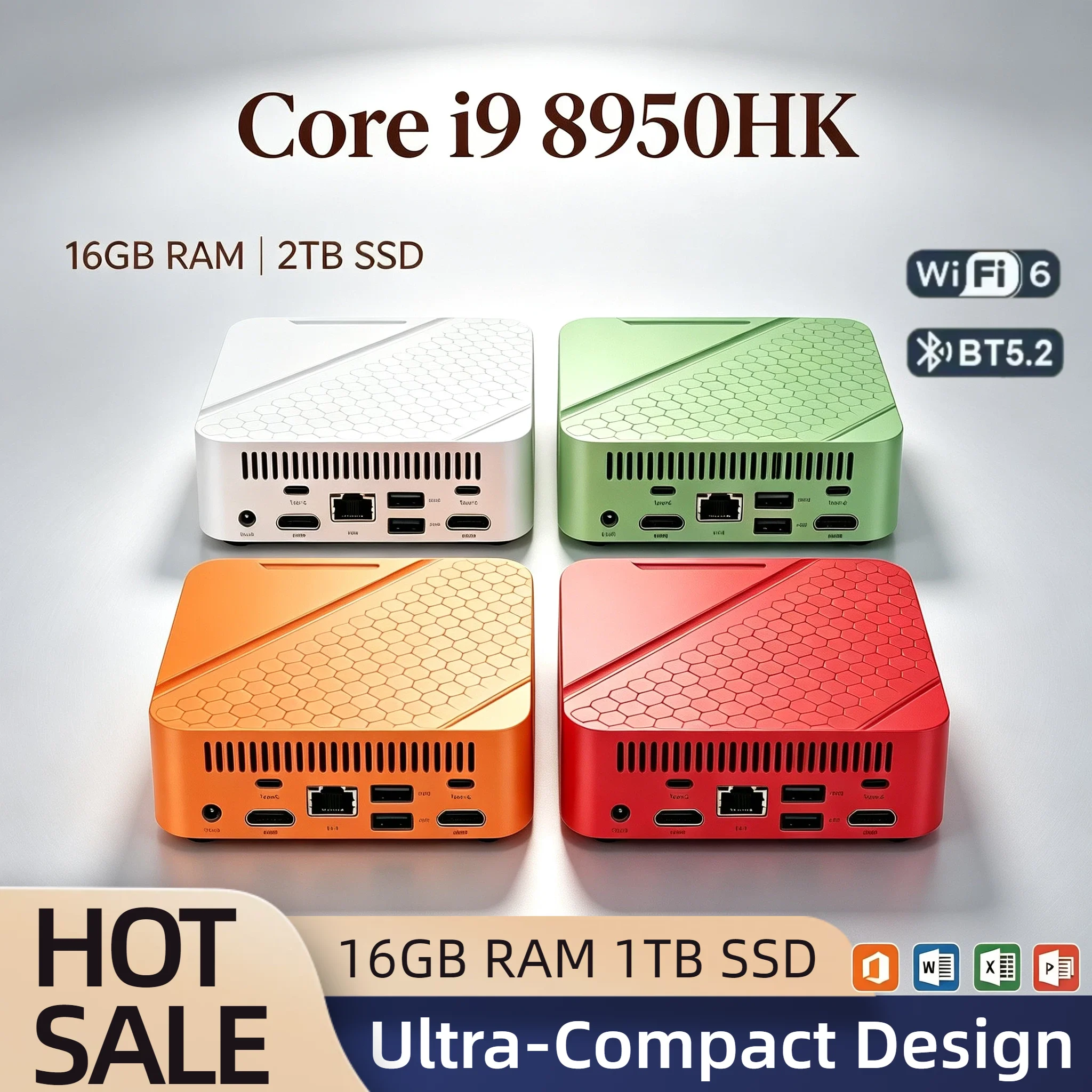 Intel Core i9 8950HK Mini Desktop 16GB DDR4 2TB NVMe SSD Triple 4K HDMI WiFi6 BT5.2 High Performance Office Home Pro Student PC