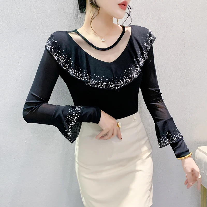 

Black Korean Style Fall Winter T-Shirt Sexy O-Neck Ruffles Patchwork Mesh Shiny Diaminds Women Tops Long Sleeve Tees 2024 New 49