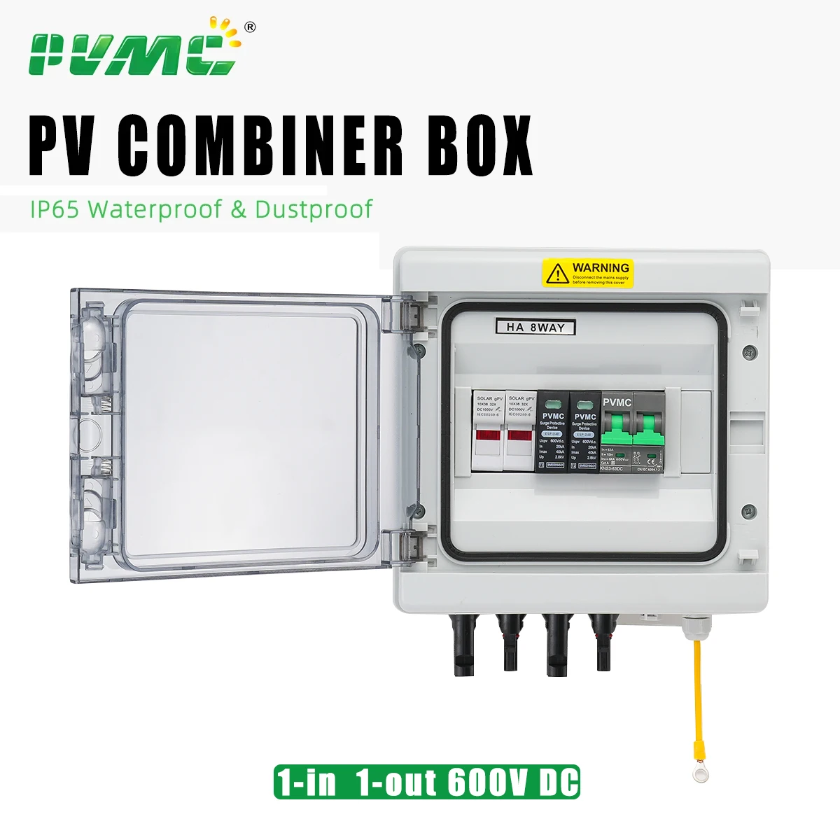 

Распределительный щиток для солнечных фотоэлектрических систем 1 вход/1 выход, 600В, с грозозащитой, предохранителем 32А, автоматическим выключателем, SPD, водонепроницаемый IP65