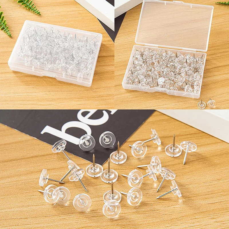 50/100Pcs Transparent Push Pins Plastic Clear Thumb Tacks Flat Push Pins For Cork Board, Wall Hanging, Bulletin Board and Crafts